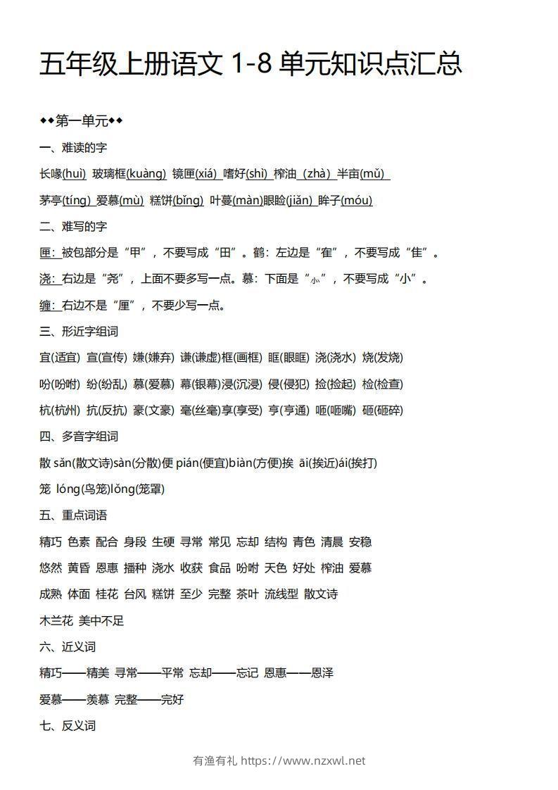 五上语文期末：1-8单元必考知识汇总-有渔有礼