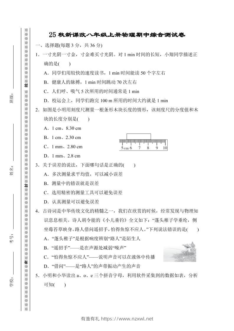 【2025秋新版】八年级上册物理期中综合测试卷-有渔有礼