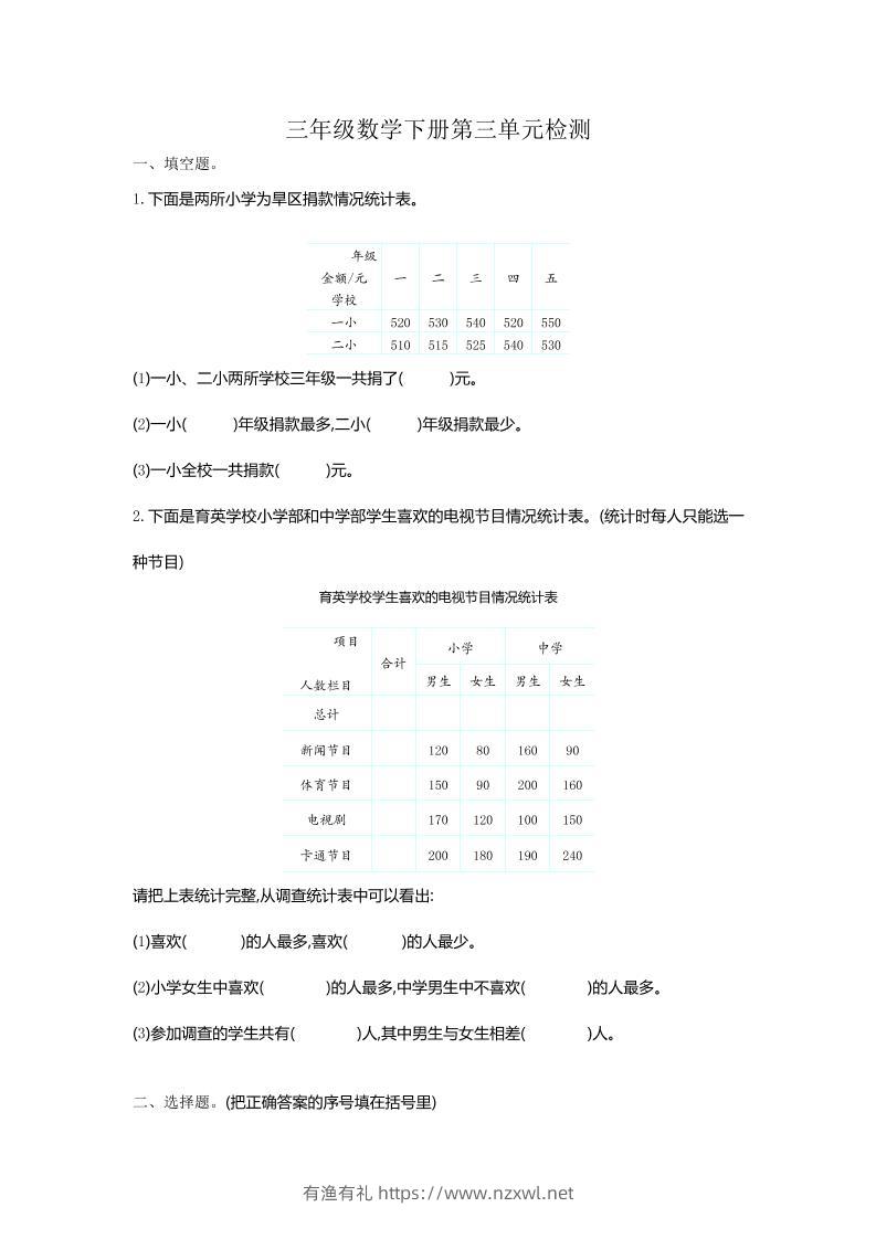 三下人教版数学第三单元检测-1-有渔有礼