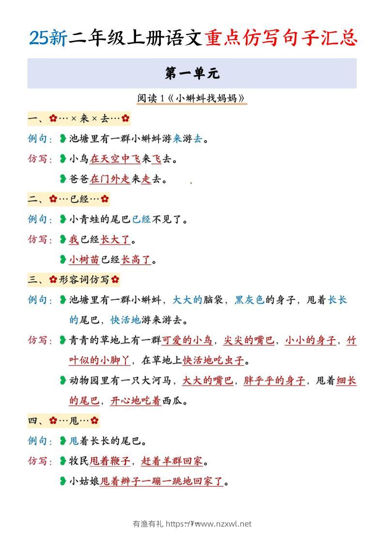 25新二年级上语文重点仿写句子汇总-有渔有礼