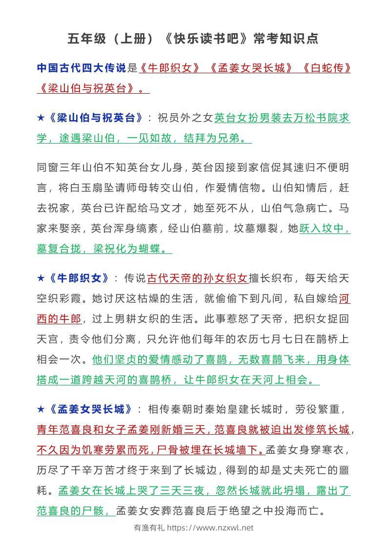 五年级语文上册常考知识点-有渔有礼