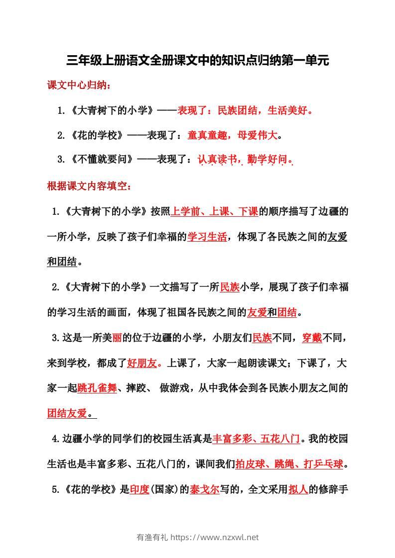 三年级上册语文全册课文中的知识点归纳-有渔有礼