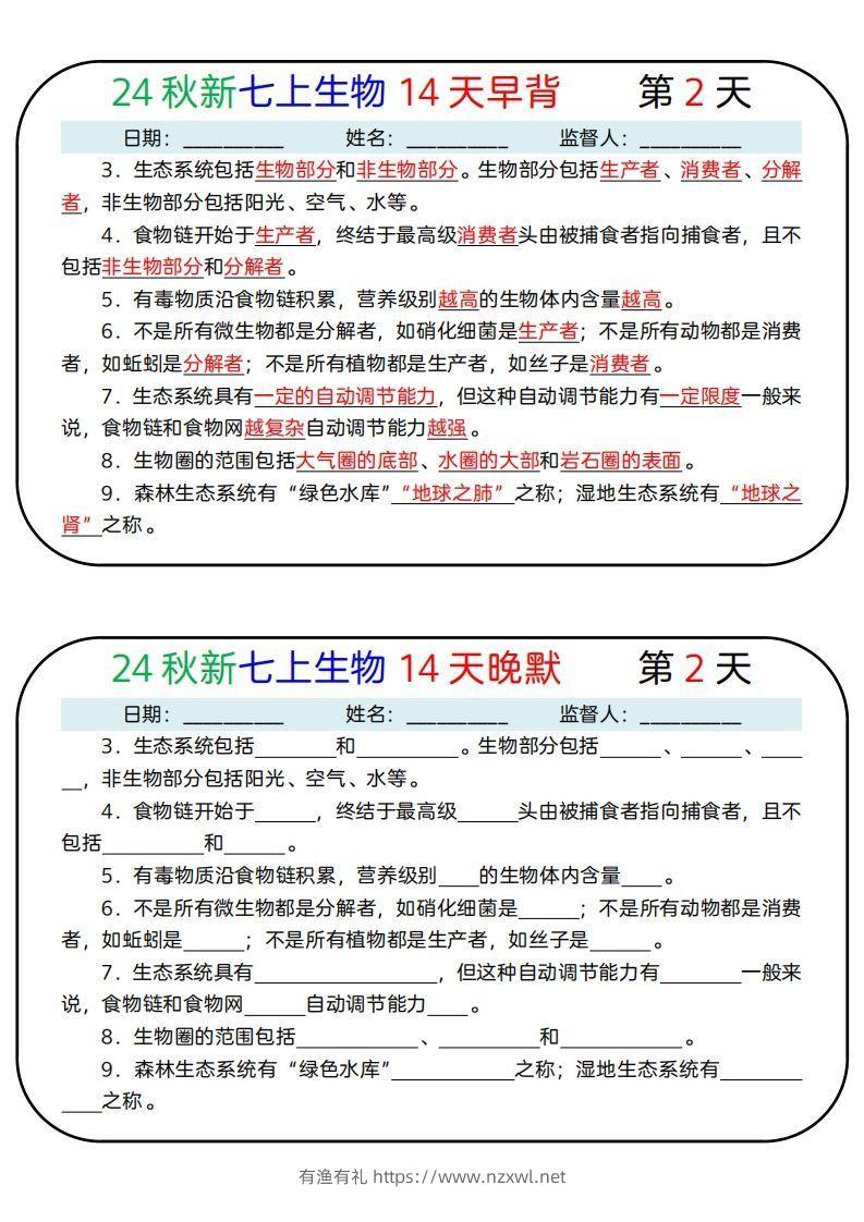 图片[2]-24秋新七上生物14天早背晚默-有渔有礼