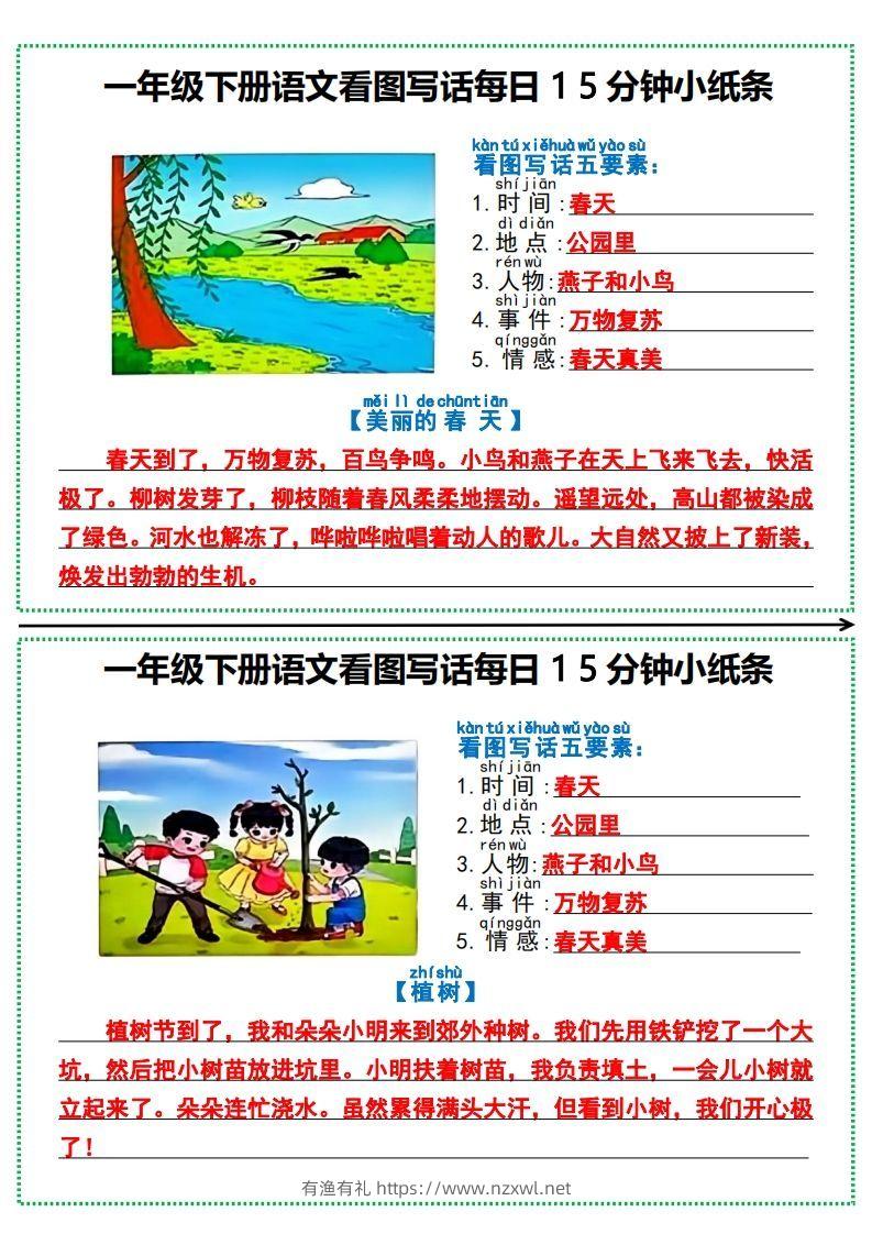 一年级下册语文看图写话每日15分钟小纸条-有渔有礼