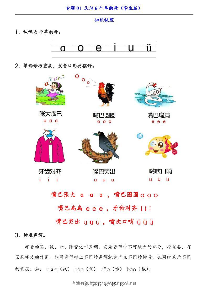一上语文-专题01认识6个单韵母（知识+训练）-有渔有礼