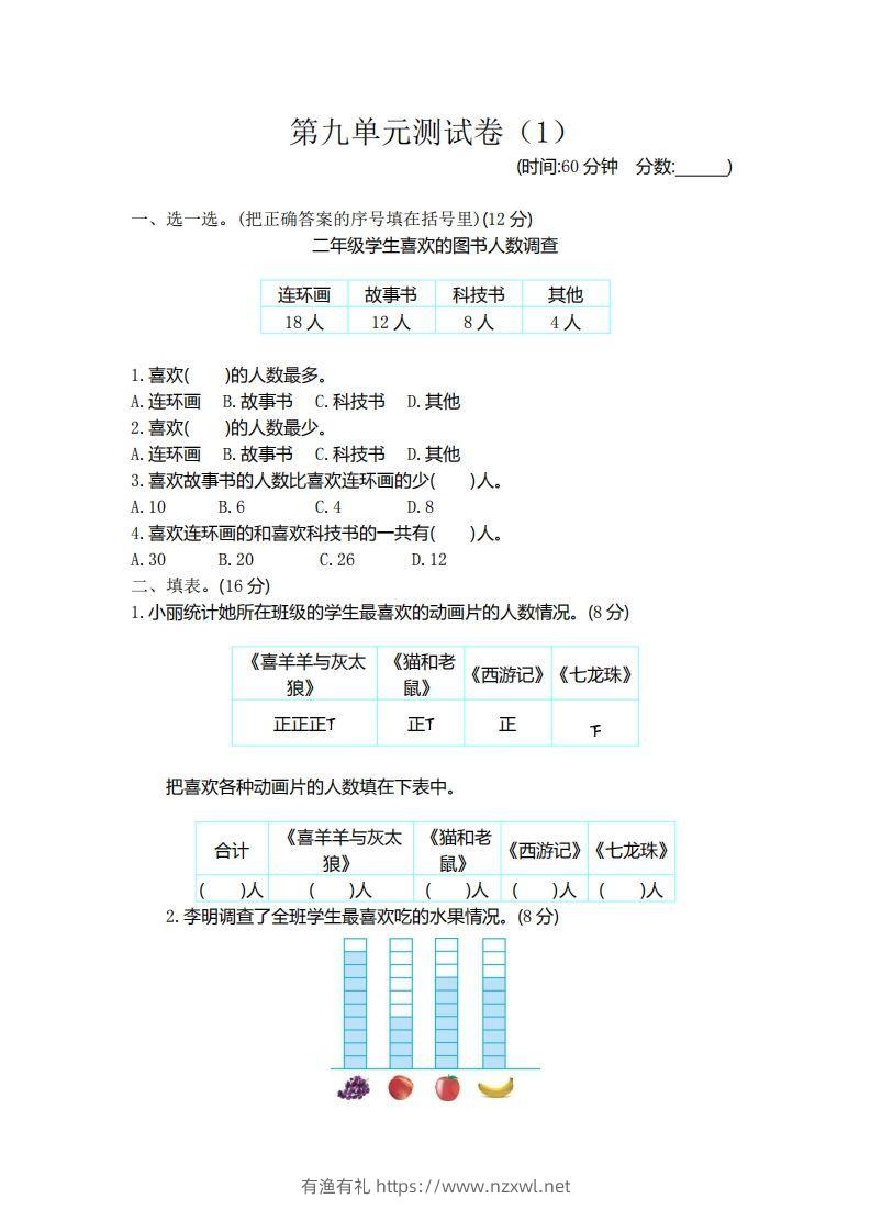 二（下）青岛版数学第九单元检测卷.1（54制）-有渔有礼