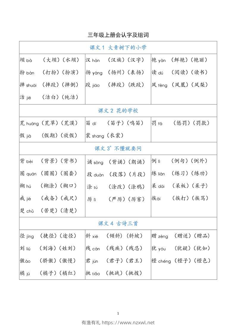 三上语文-识字表注音组词-有渔有礼