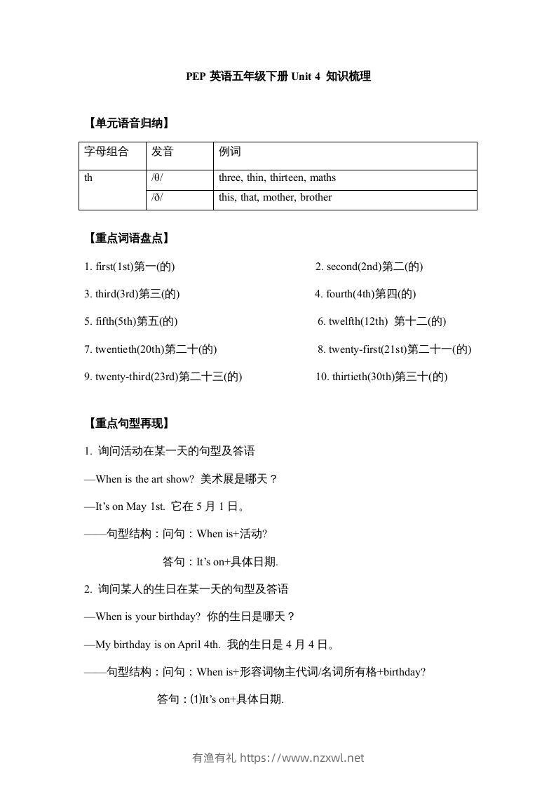 五年级英语下册【完美】单元知识梳理-Unit4Whenistheartshow（人教PEP版）-有渔有礼