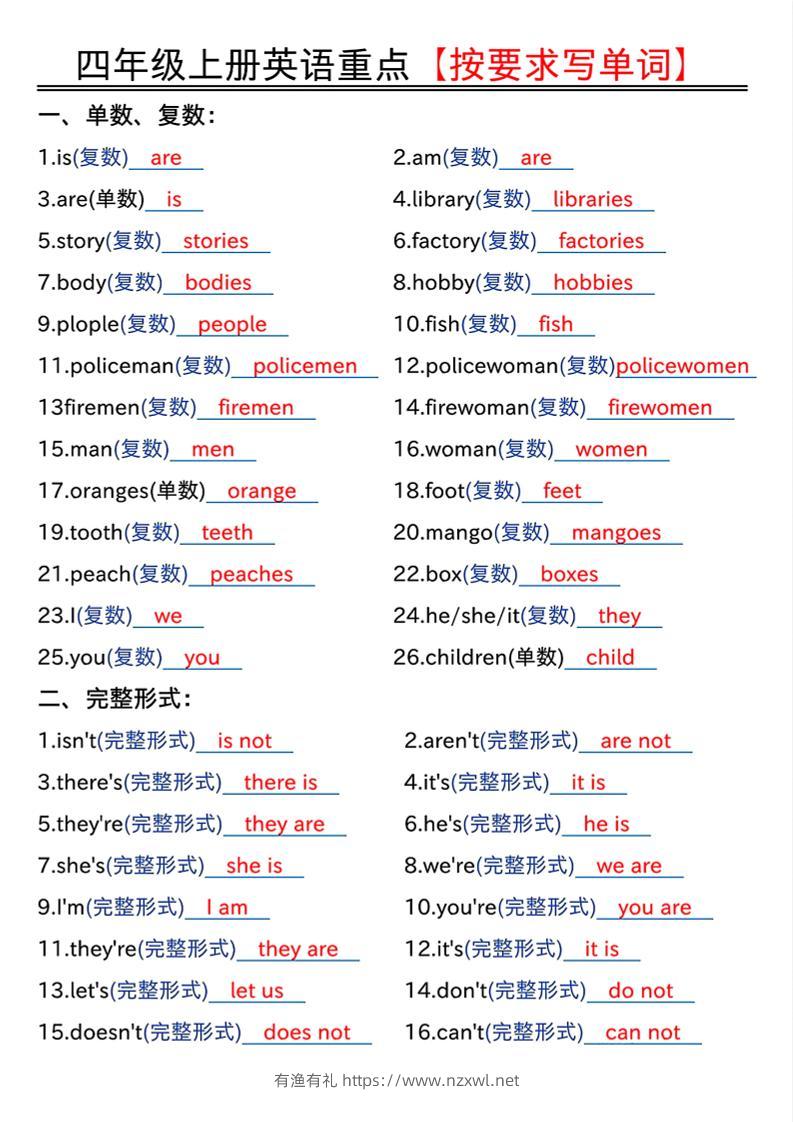 四年级上人教PEP版英语重点按要求写单词（答案）-有渔有礼