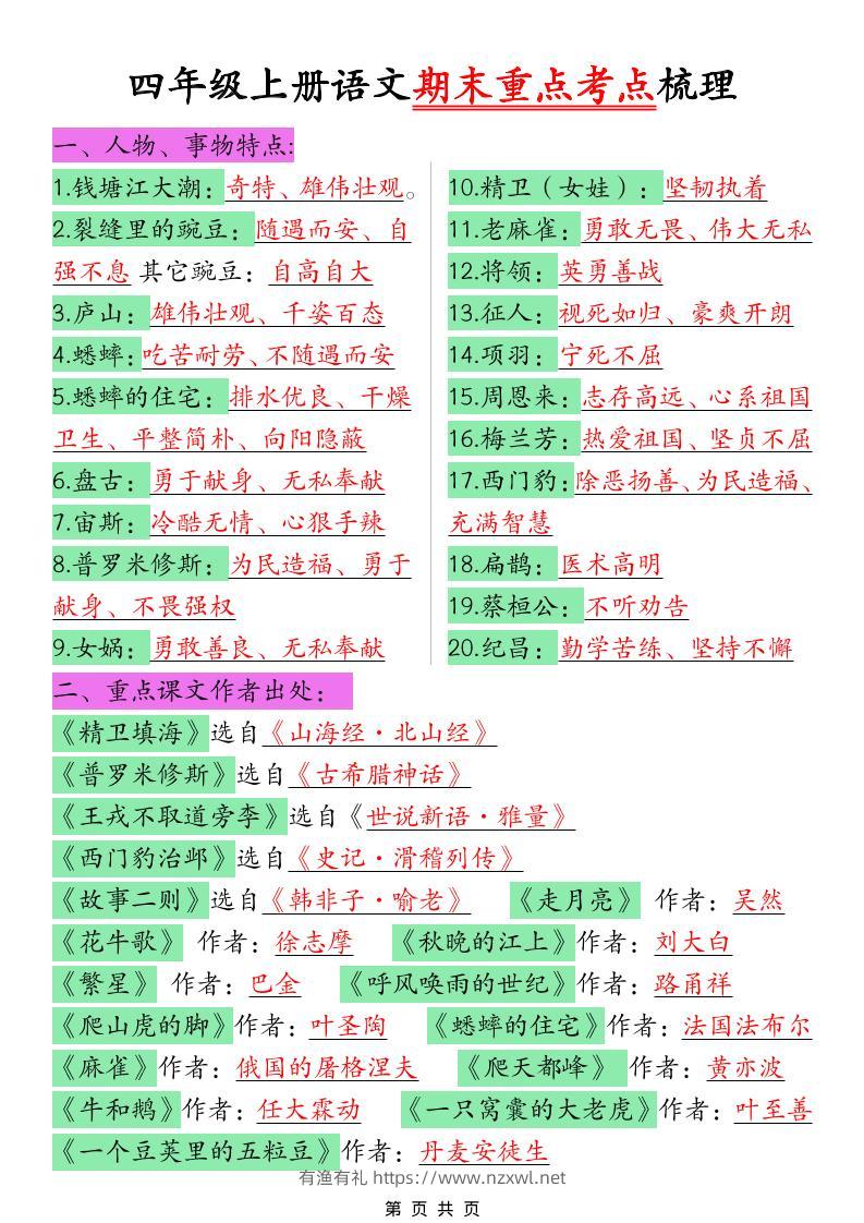 四年级上语文期末重点考点梳理-有渔有礼