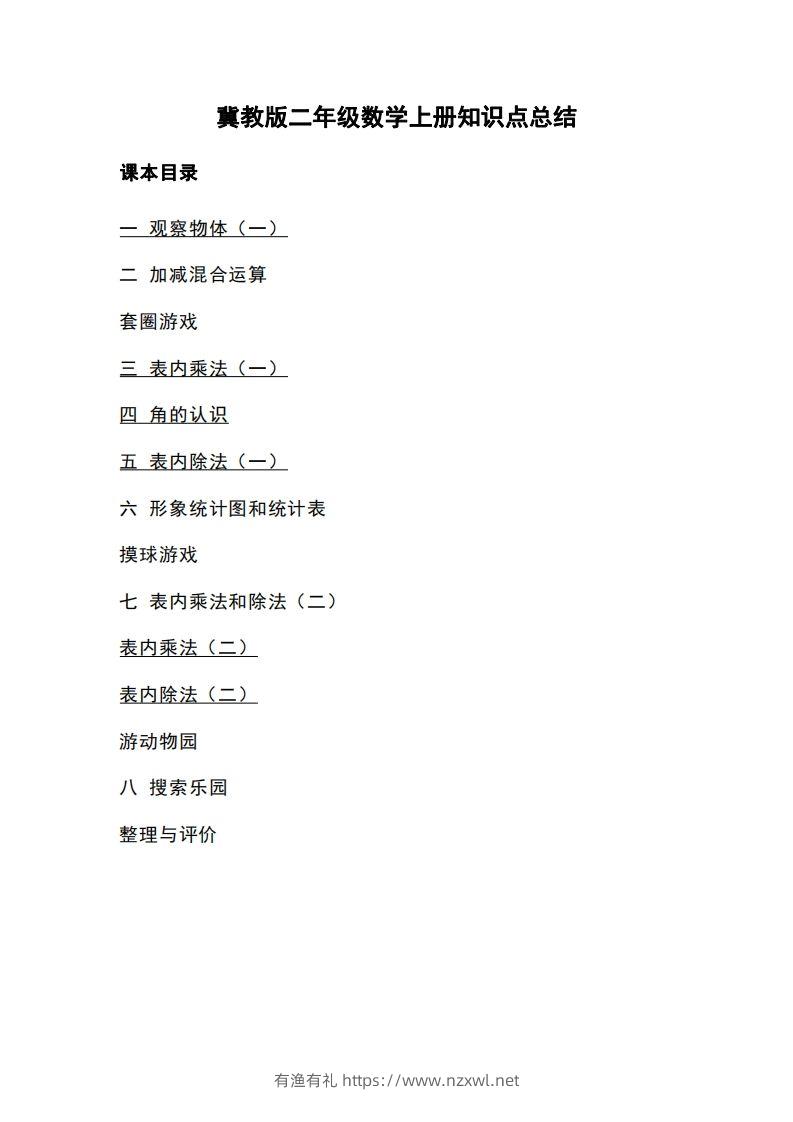 二上冀教版数学知识点重点汇总-有渔有礼