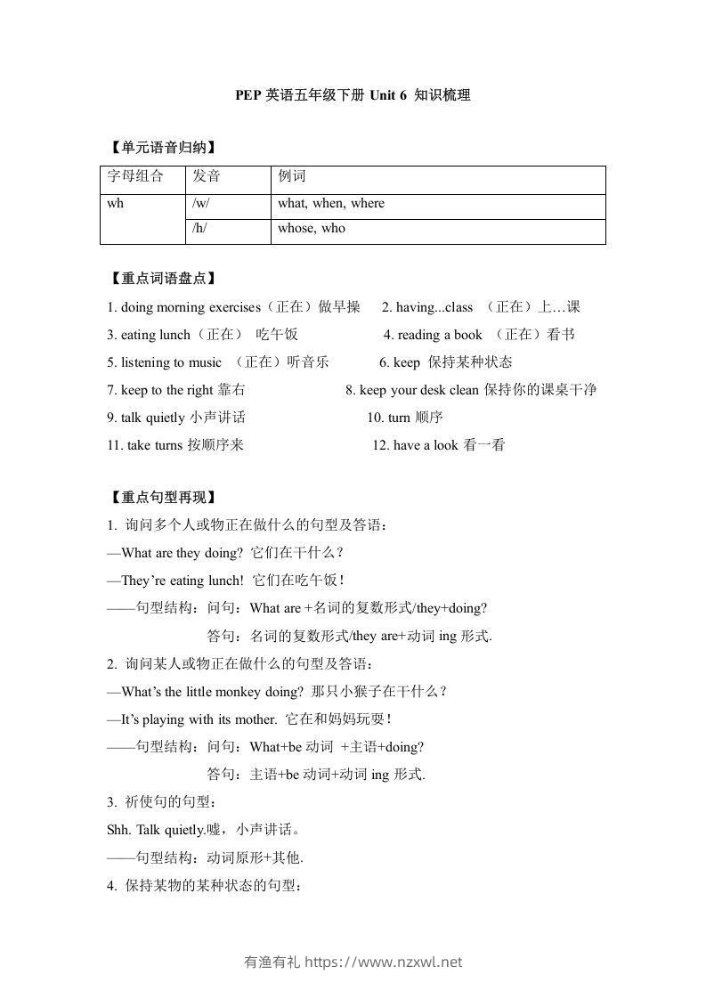 五年级英语下册单元知识梳理-Unit6Workquietly（人教PEP版）-有渔有礼