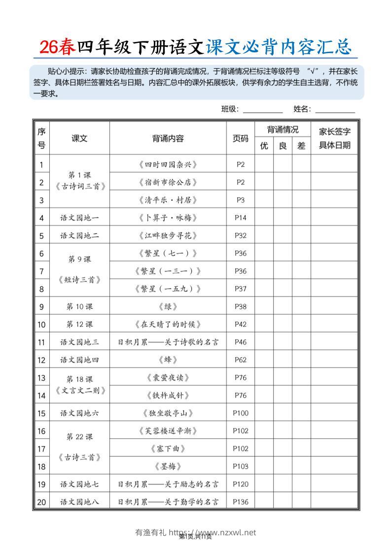 26春四下语文课文必背内容汇总（11页）-有渔有礼