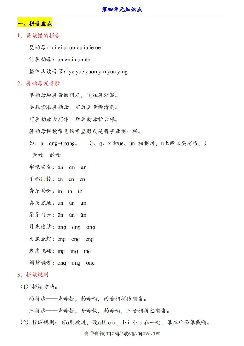 【24新教材】一上语文第4单元知识点梳理-有渔有礼
