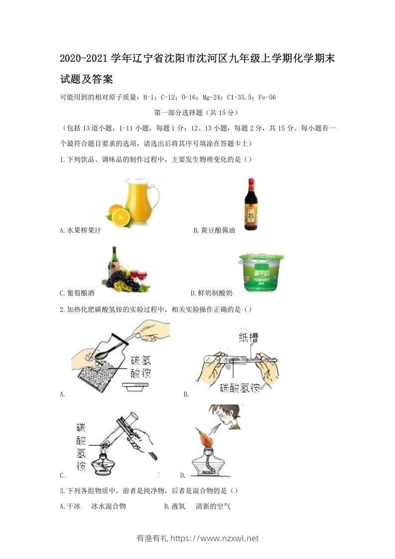2020-2021学年辽宁省沈阳市沈河区九年级上学期化学期末试题及答案(Word版)-有渔有礼