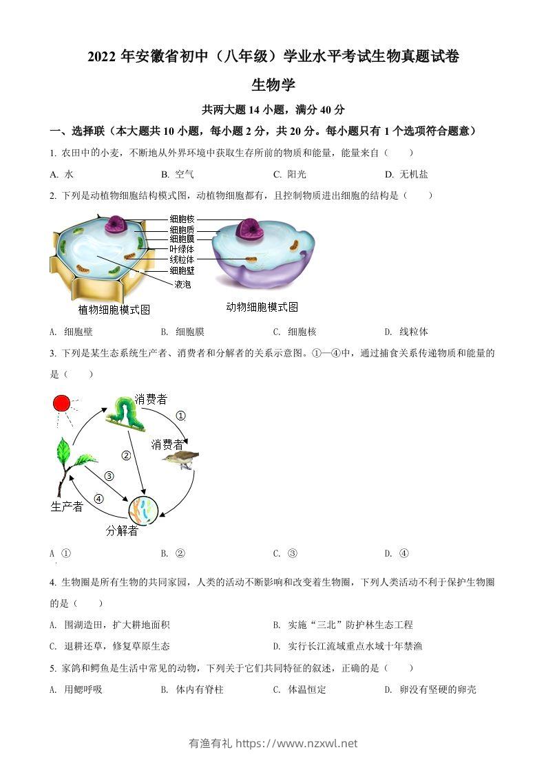 2022年安徽省中考生物真题（空白卷）-有渔有礼