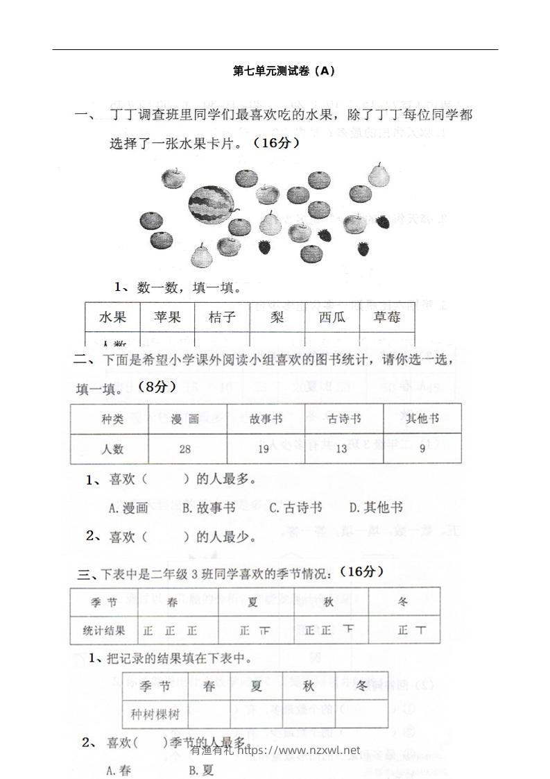 二下西师版数学第七单元测试卷-1-有渔有礼