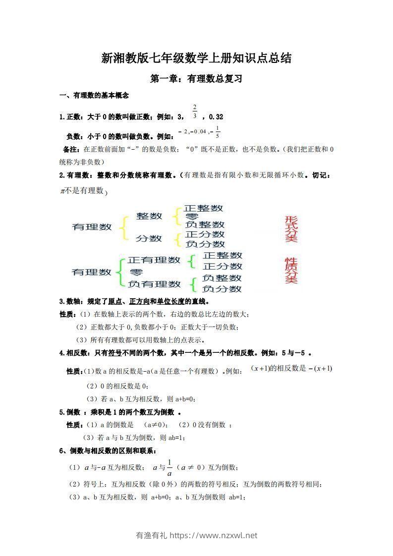 湘教版数学七年级上册知识点汇总-有渔有礼
