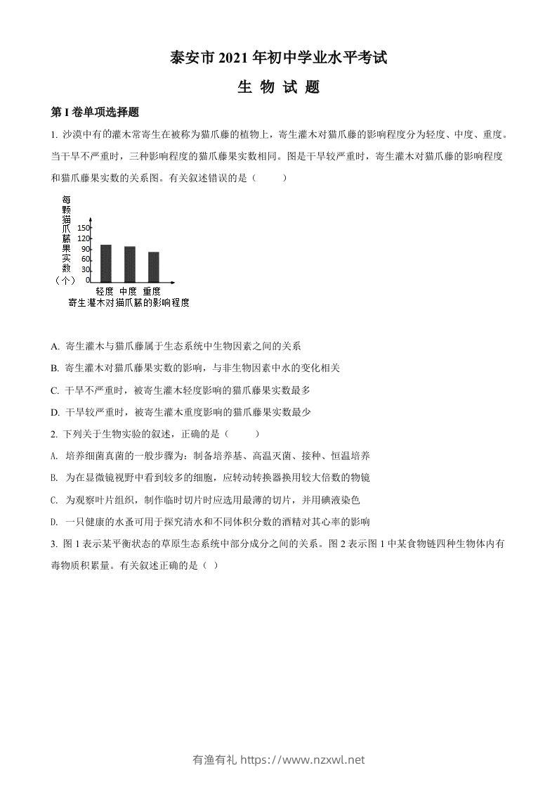 山东省泰安市2021年中考生物试题（空白卷）-有渔有礼