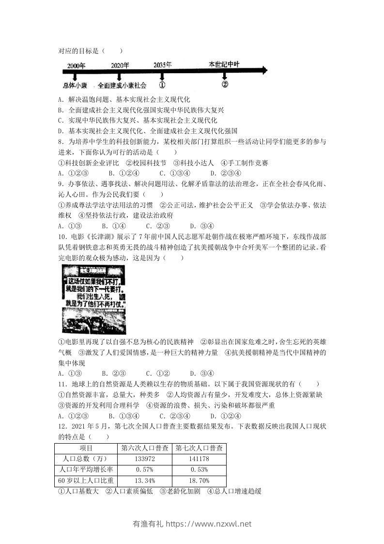 图片[2]-2021-2022学年辽宁省沈阳市和平区九年级上学期道德与法治期末试题及答案(Word版)-有渔有礼