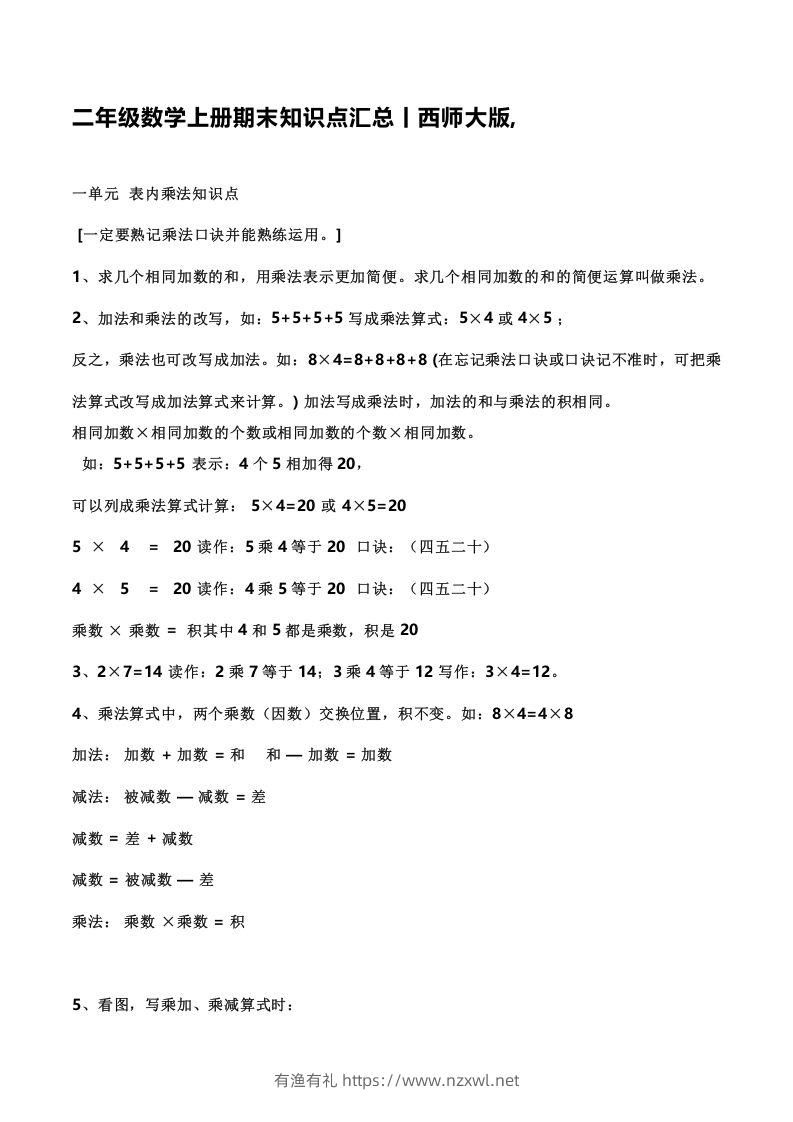 二上西师版数学重点知识点汇总预习()-有渔有礼