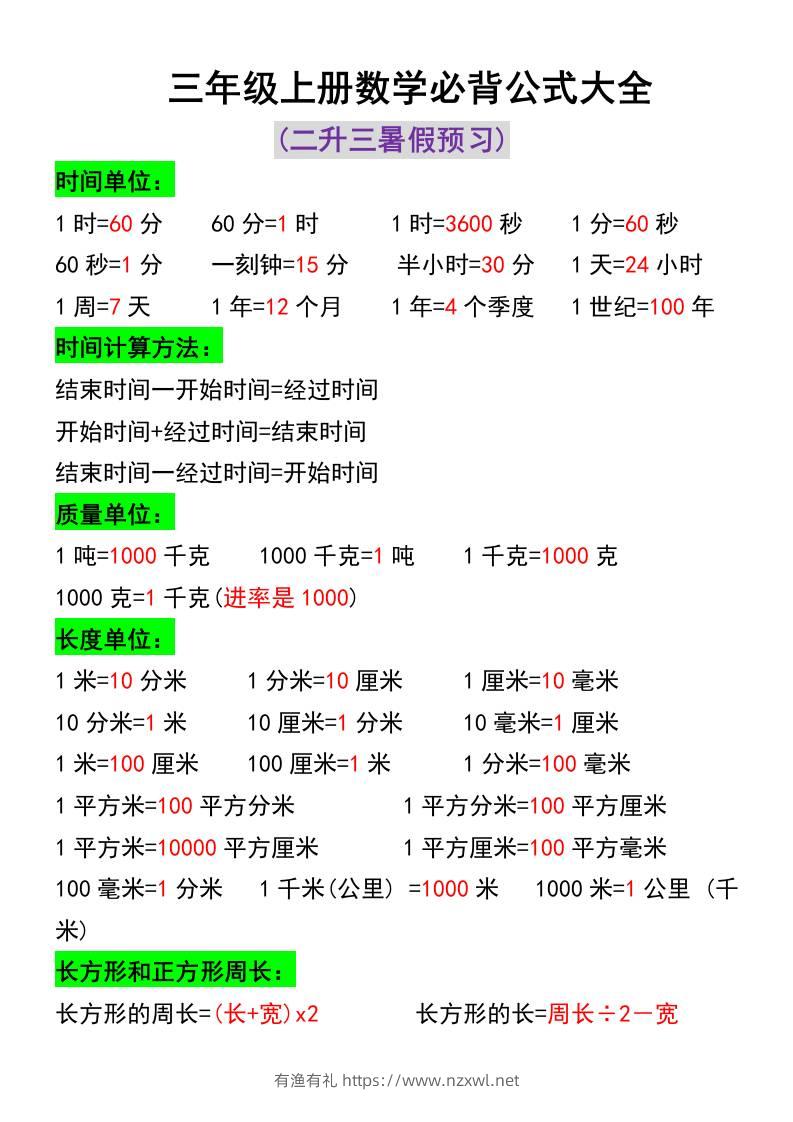 三年级上册数学必背公式大全-有渔有礼