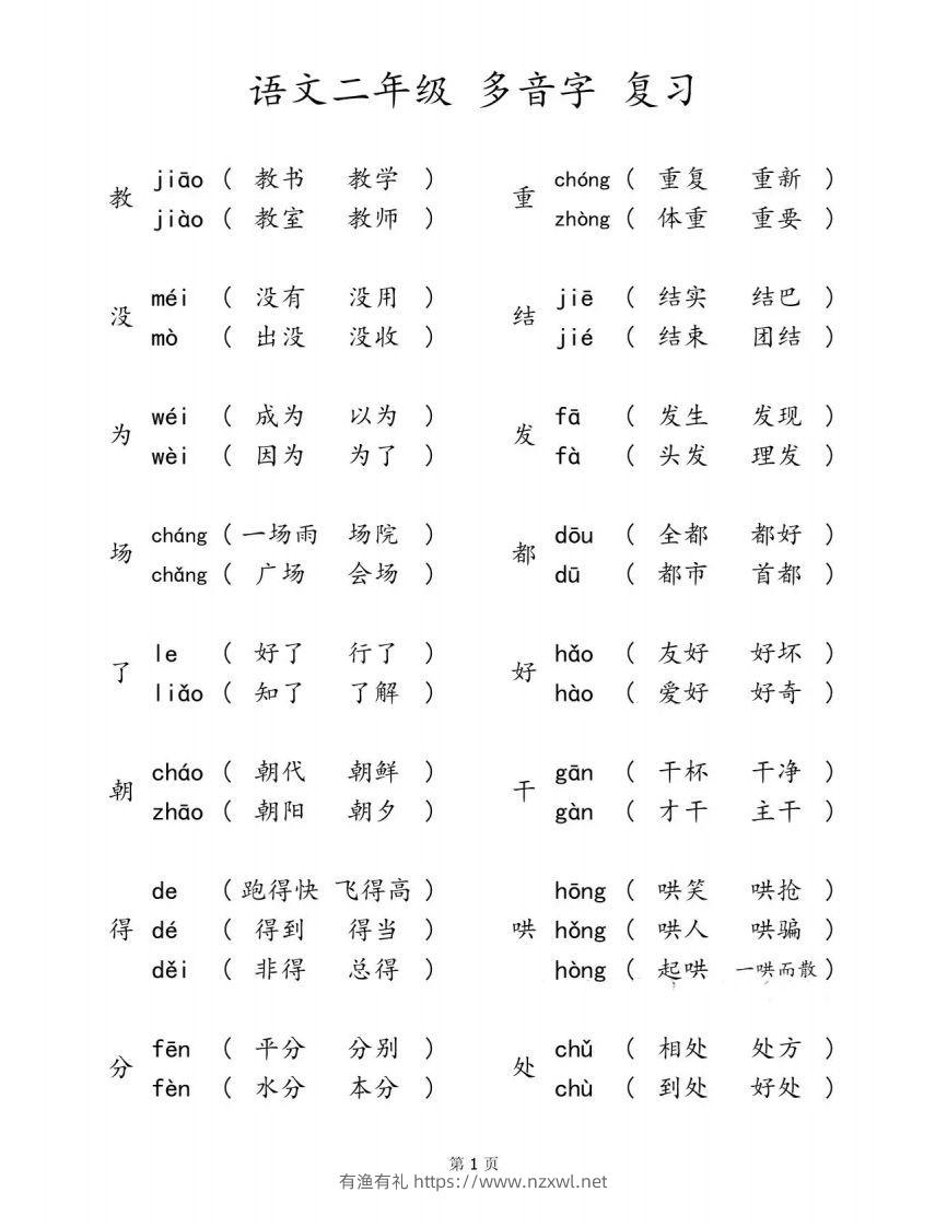 二下语文【多音字汇总归纳】-有渔有礼