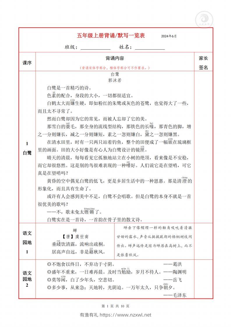 五上语文必背内容默写表-有渔有礼