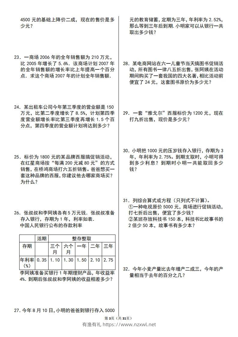 图片[3]-二上数学百分数应用题60题-有渔有礼