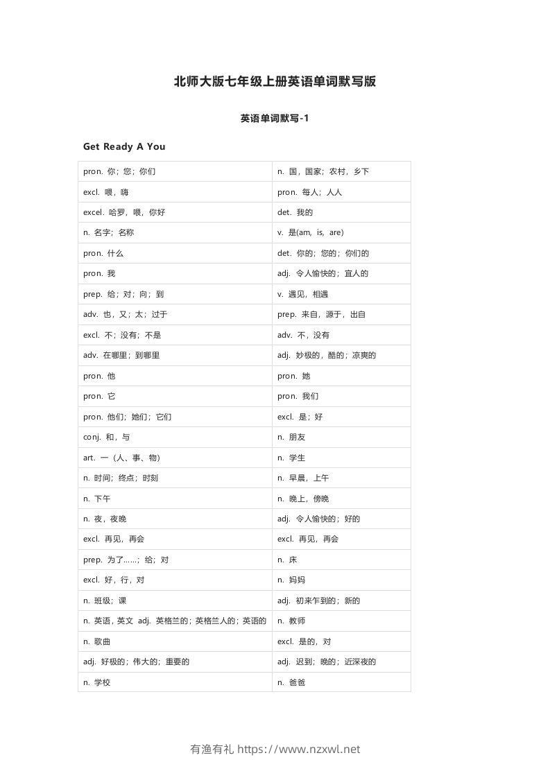 北师大版七年级上册英语单词默写表-有渔有礼