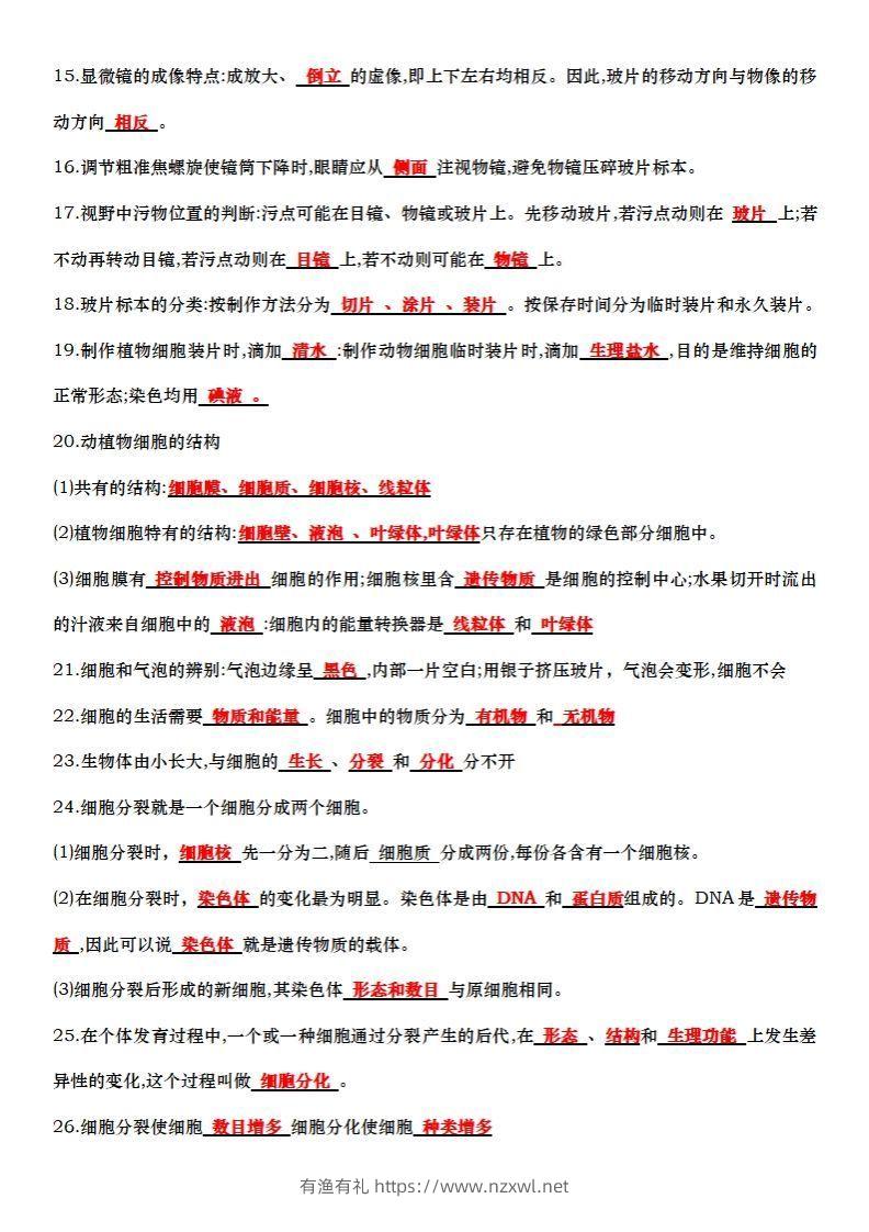 图片[2]-七上生物全册知识点填空72题（答案）-有渔有礼