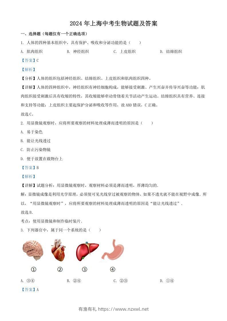 2024年上海中考生物试题及答案(Word版)-有渔有礼