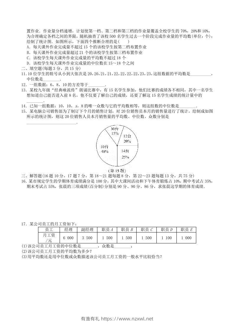 图片[2]-2022-2023学年北师大版八年级数学上册第六章数据的分析单元测试题及答案(Word版)-有渔有礼