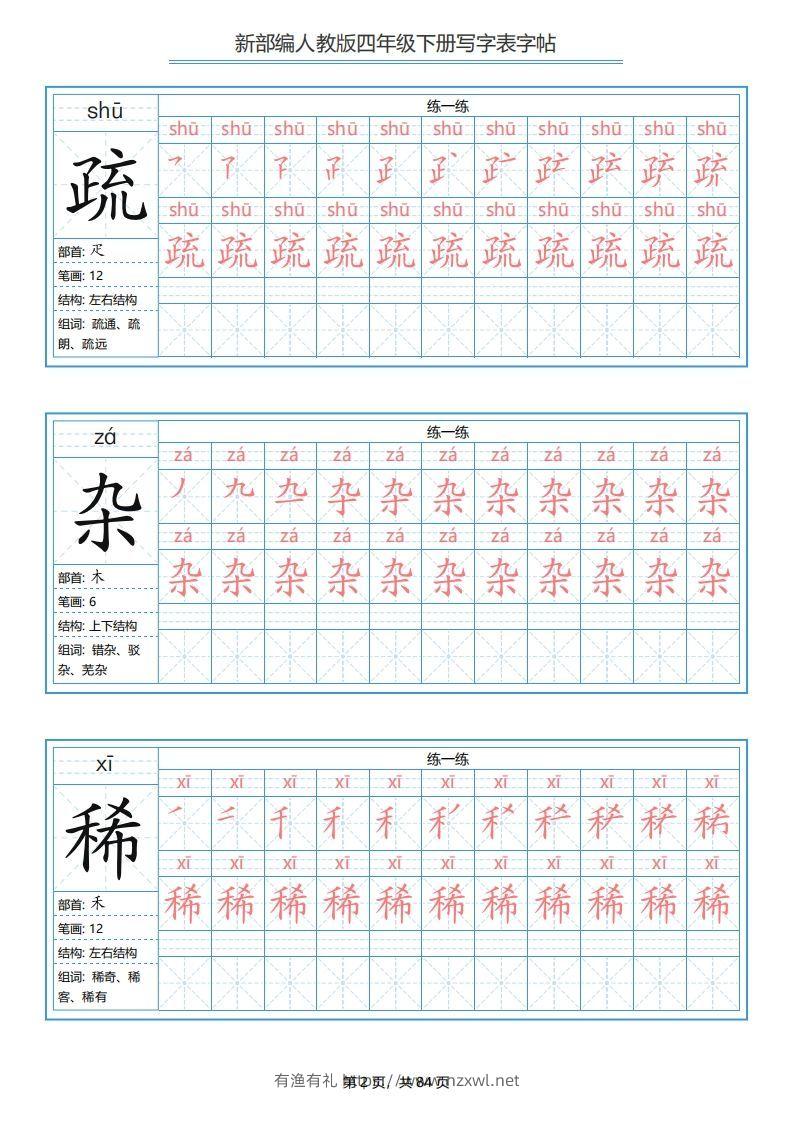 图片[2]-四年级语文下册写字表字帖（84页）PDF（部编版）-有渔有礼