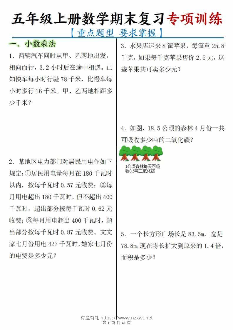 五年级上册数学期末复习专项训练-有渔有礼