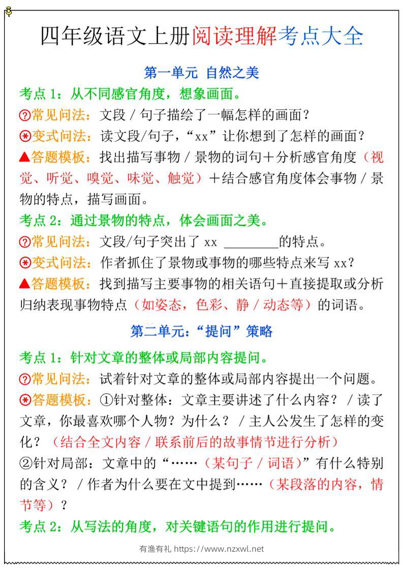 四年级上语文阅读理解考点大全-有渔有礼