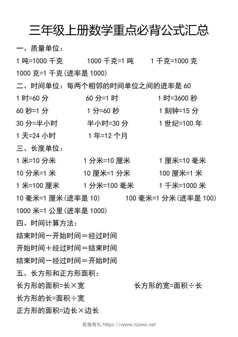 三年级上册数学必背公式汇总-有渔有礼