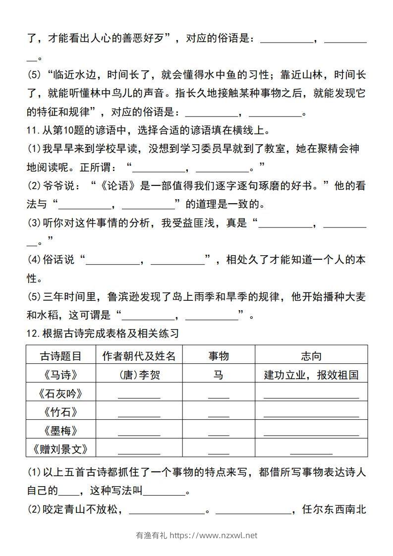 图片[3]-六年级小升初语文必考重点古诗文、日积月累专题练习卷-有渔有礼