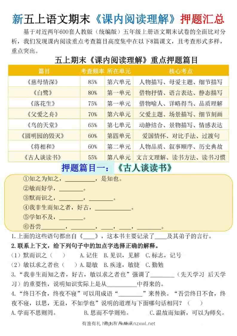 新五上语文期末《课内阅读理解》押题汇总-有渔有礼