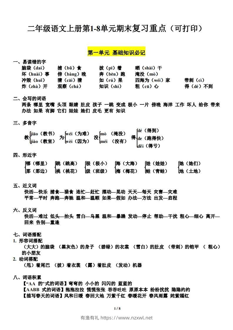 二（上）语文1-8单元期末复习重点-有渔有礼