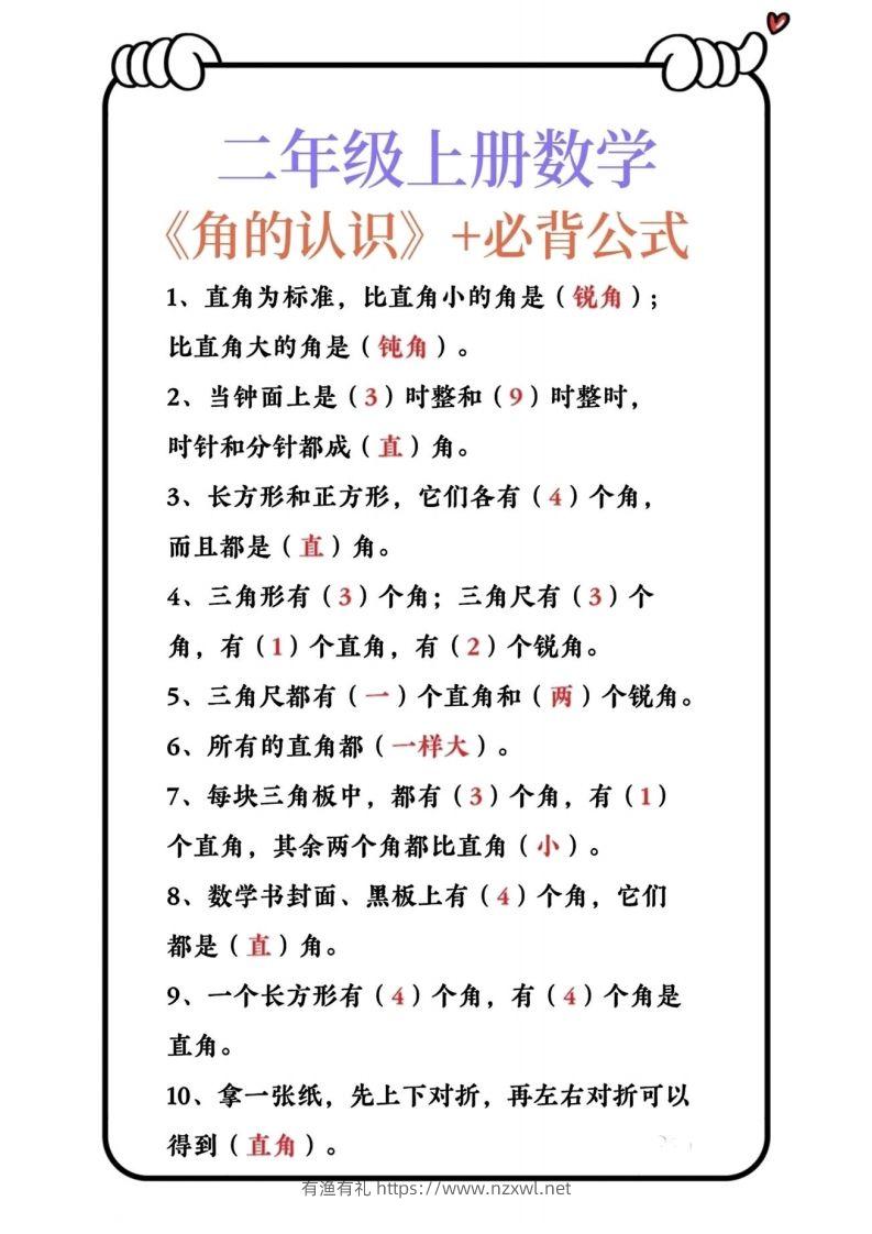 二上数学角的认识必背公式-有渔有礼