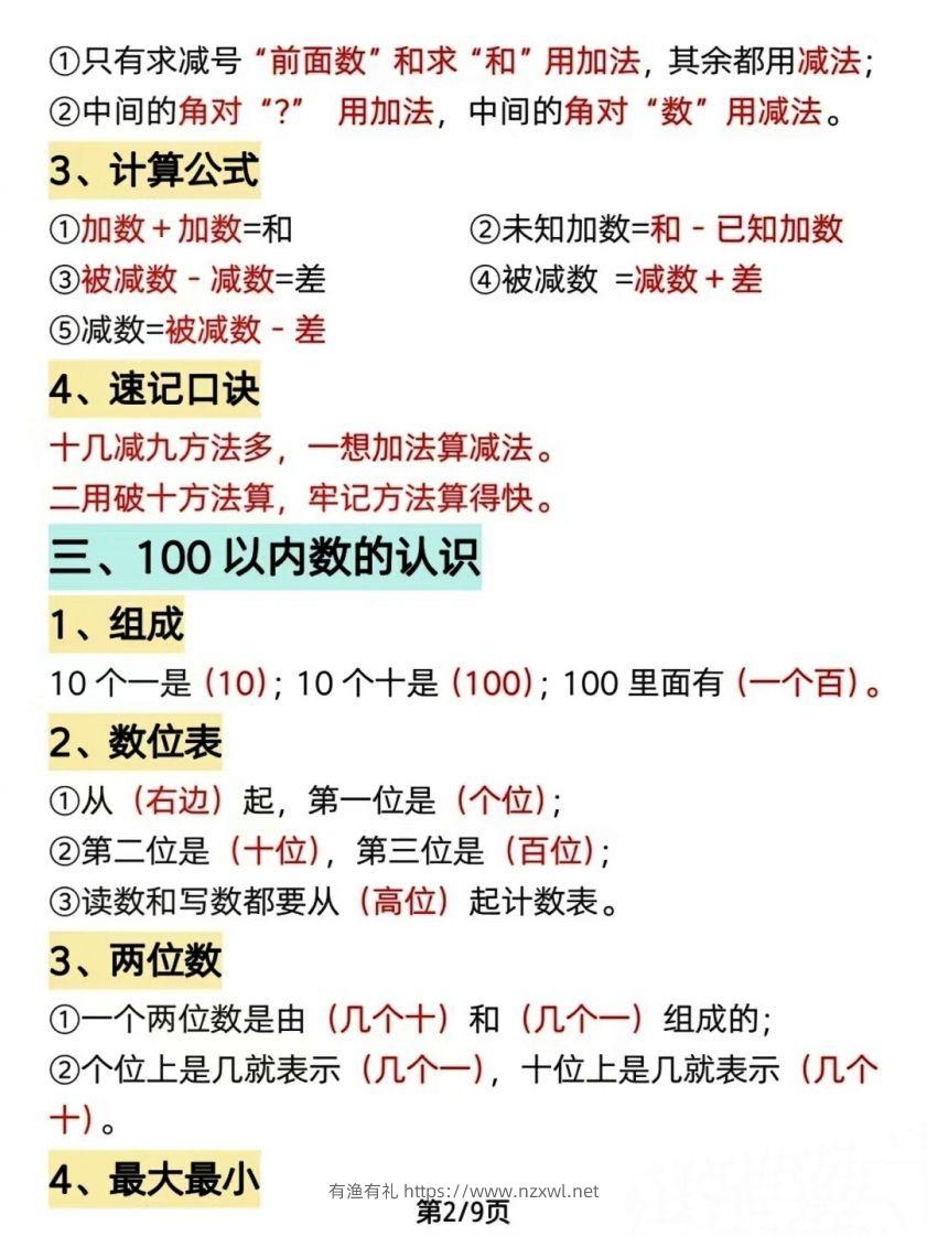 图片[2]-数学一年级下册必背知识点汇总（简洁版）-有渔有礼
