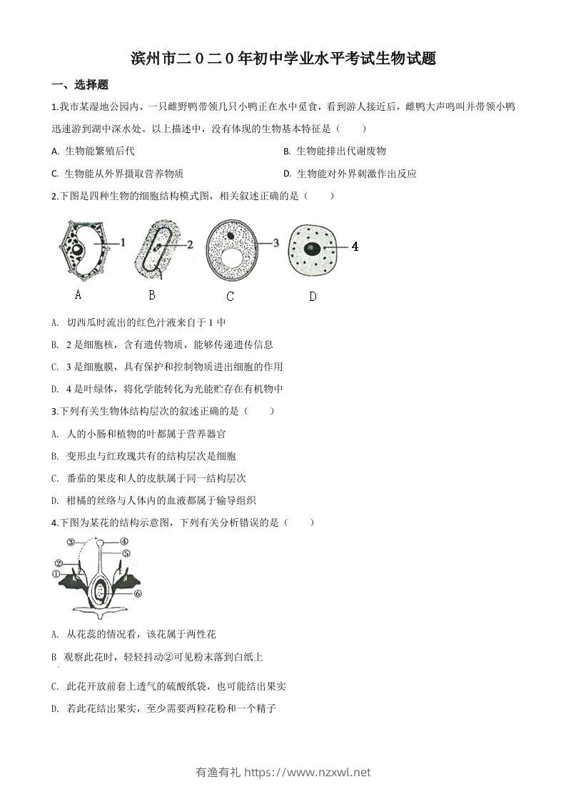 山东省滨州市2020年中考生物试题（空白卷）-有渔有礼