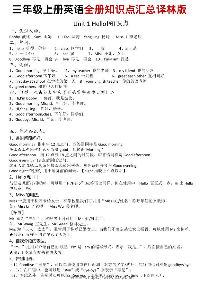 三年级上英语知识点汇总《译林版》-有渔有礼