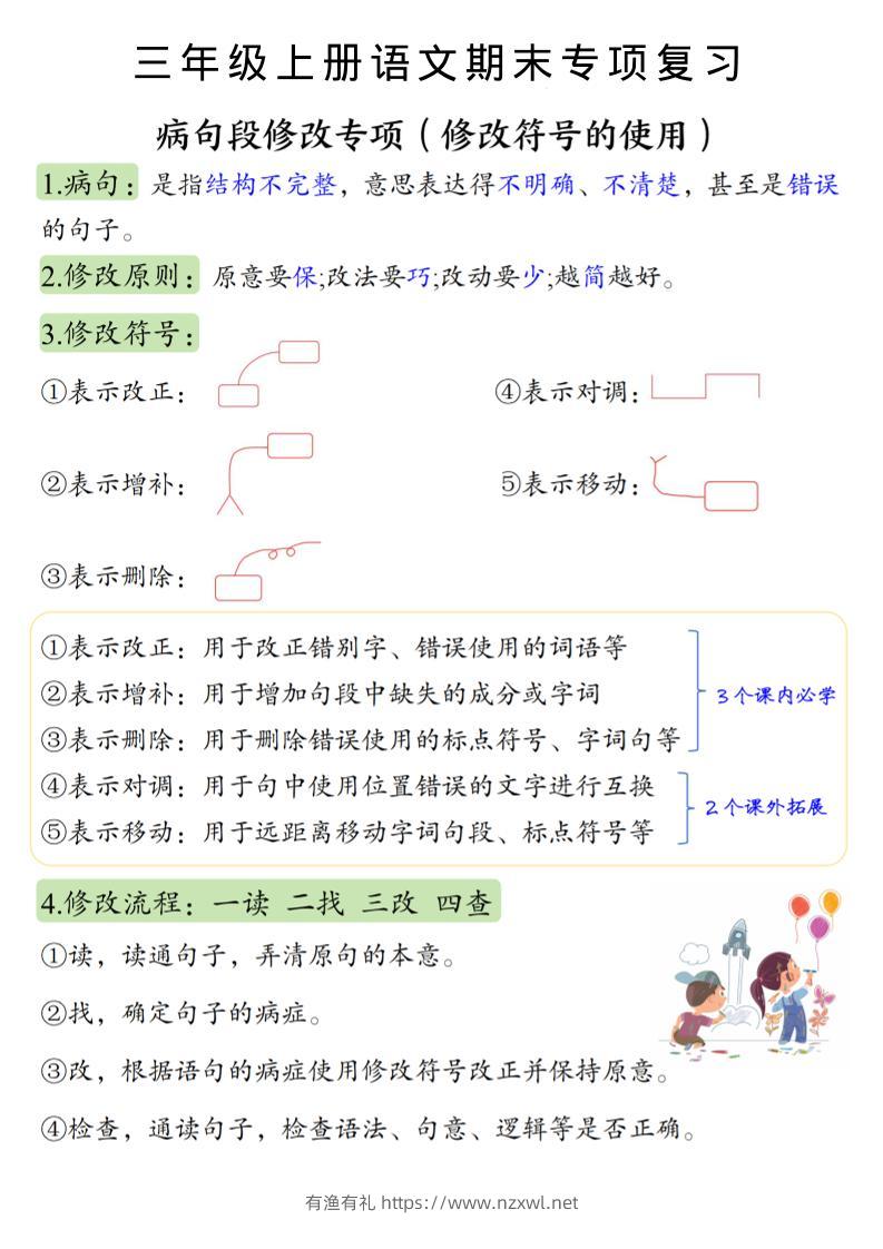 三上语文必考重点病句段修改符号方法及练习-有渔有礼