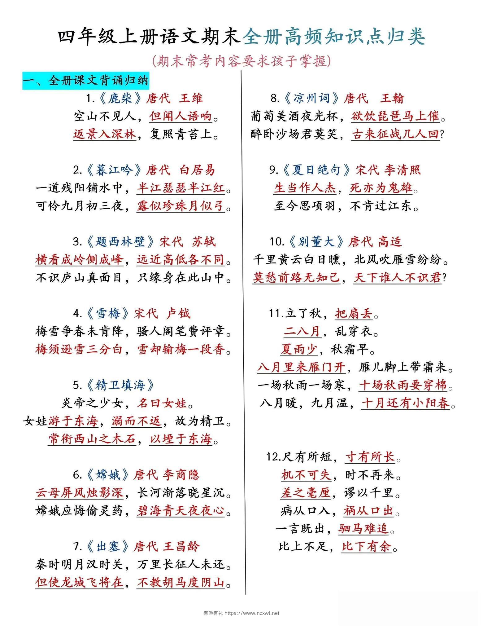 四年级上语文期末全册高频考点知识点归类-有渔有礼