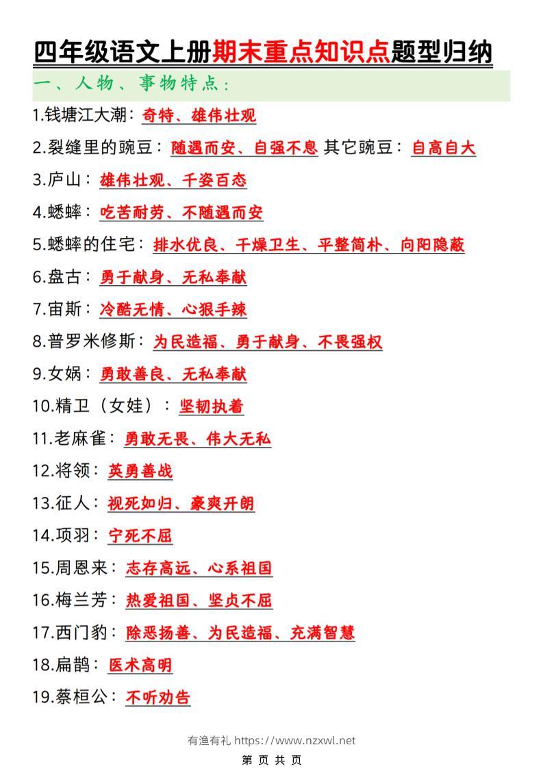 四年级上语文期末重点知识点题型归纳-有渔有礼