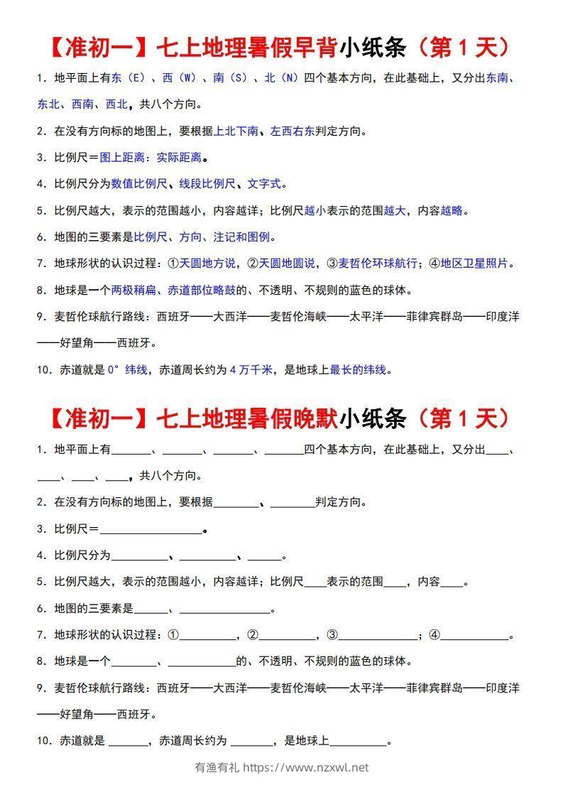 七上地理早背晚练小纸条-有渔有礼