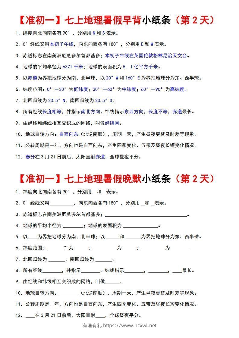 图片[2]-七上地理早背晚练小纸条-有渔有礼