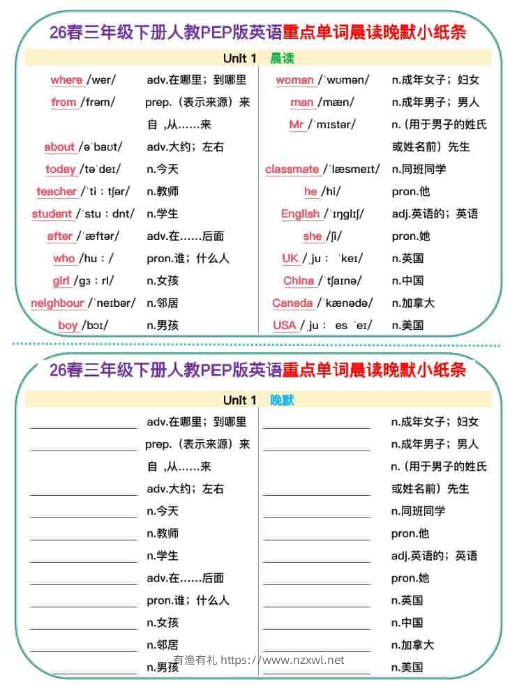 三年级下英语26春单词晨读晚默小纸条《人教版PEP》-有渔有礼